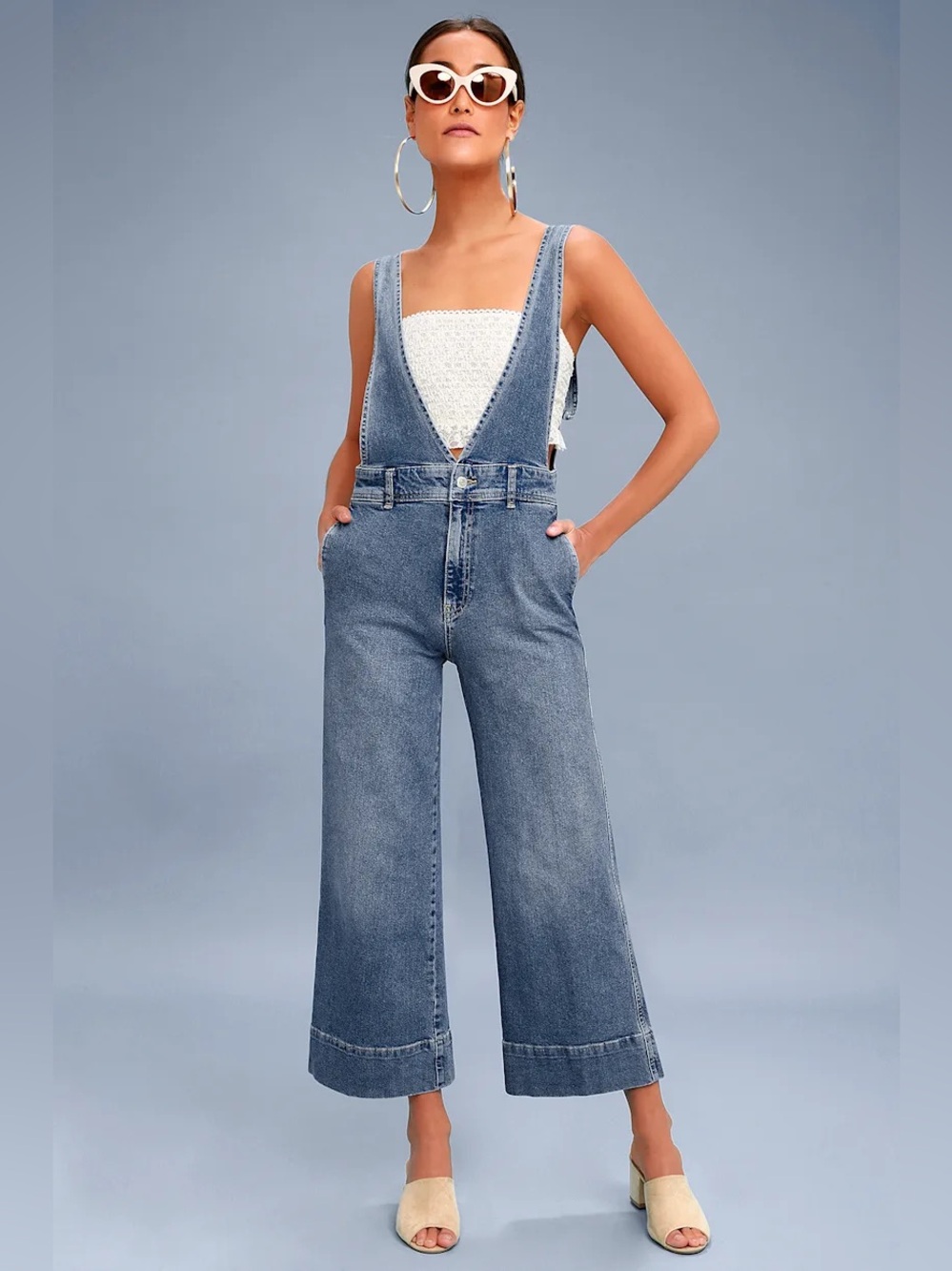 Free People Light Blue Denim Wide-Leg Overalls
